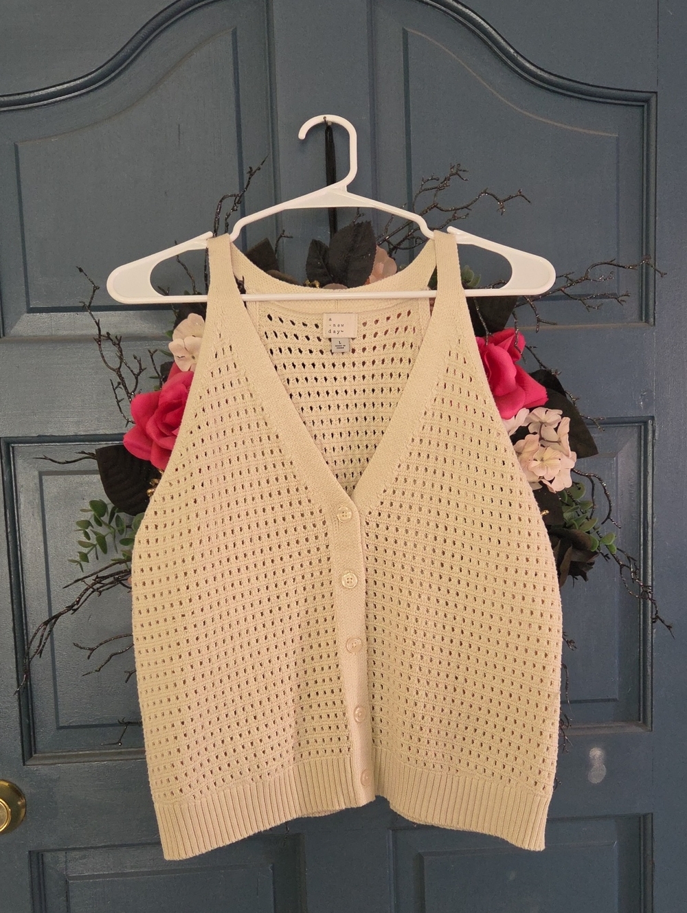 a new day Open-Knit V-Neck Button Tank Top - Cream
